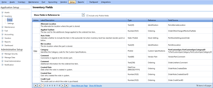 Inventory fields page